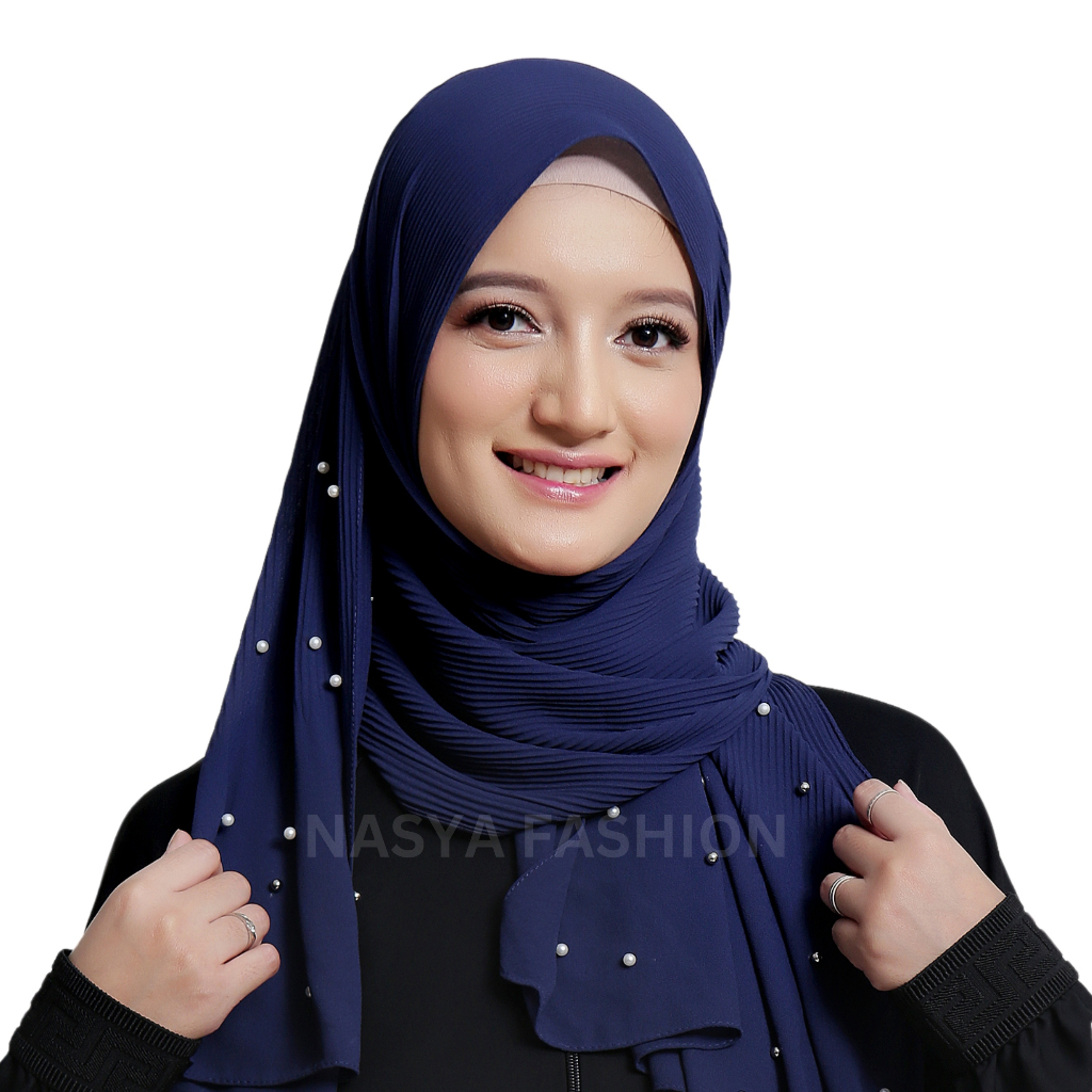 Hijab Pashmina Plisket Kerudung Segi Empat Mutiara Warna Biru