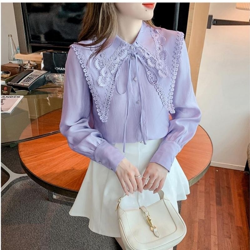 2678 Atasan Baju blus blouse kemeja lengan panjang polos bahan twistcon import lace renda kerah lehe