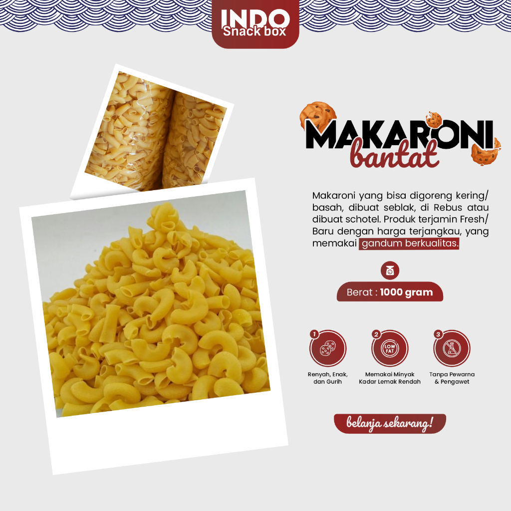 

Makaroni Bantet Mentah Mahkota Cemilan Kiloan Kemasan 1 Kg