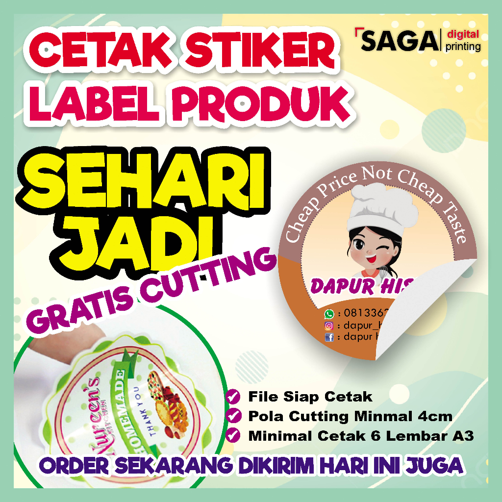 

Cetak Stiker Label Kemasan / Stiker makanan plus Cutting ukuran A3+ berkualitas