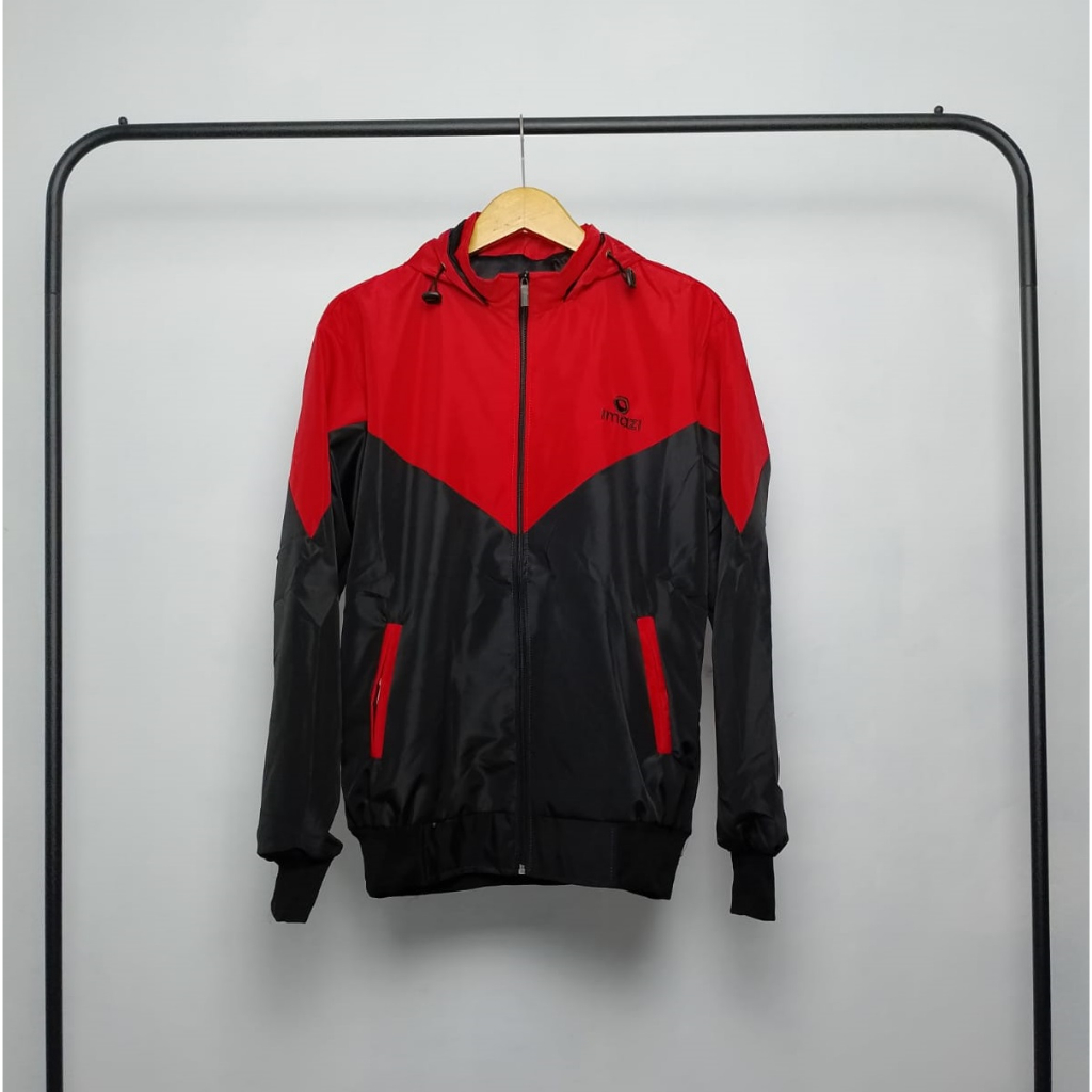 Jaket Olahraga Parasut Windrunner Kombinasi Merah Hitam