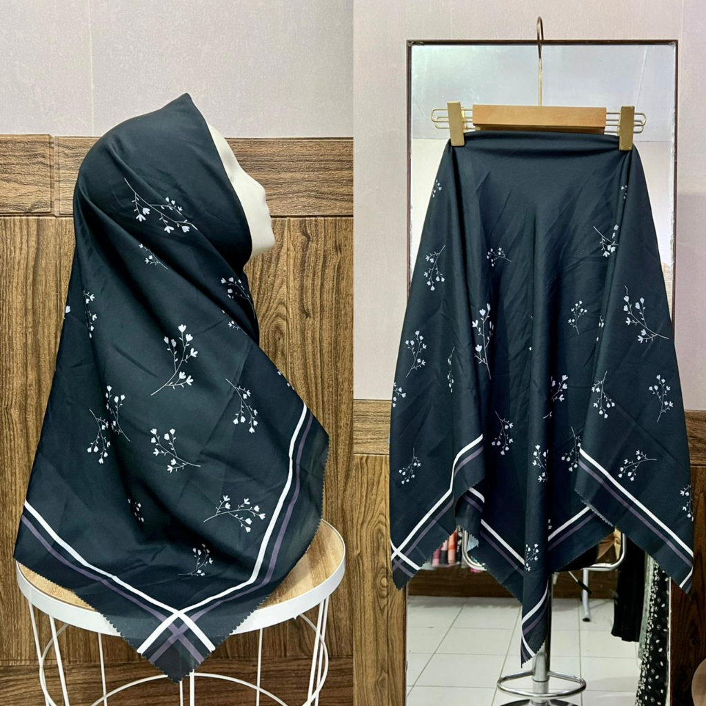 HIJAB VOAL MOTIF BUNGA SERIS DASAR HITAM//HIJAB DENAY SEGIEMPAT VOAL MOTIF TERBARU//HIJAB BUNGA SERI