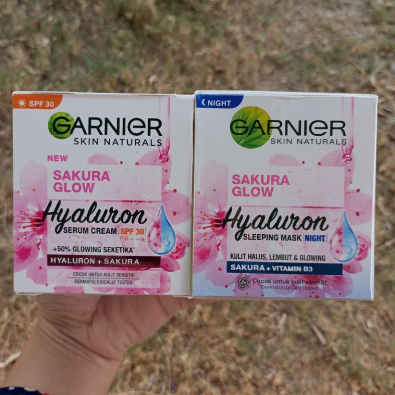 PAKET HEMAT Bundle Garnier Sakura Glow Hyaluron Serum Day Cream SPF 30 dan sleeping mask Night 50ml krim siang malam 50 ml