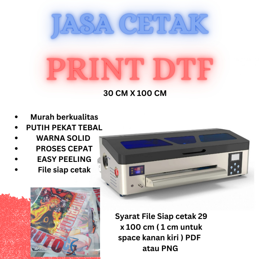 Cetak / Print DTF (Maklon) Large Formal 30x100cm Siap Press Harge per meter