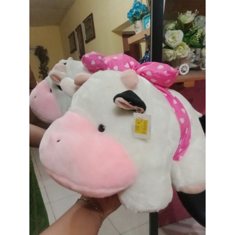 BONEKA SAPI XL bulu halus ukuran besar lucu boneka sapi putih pita