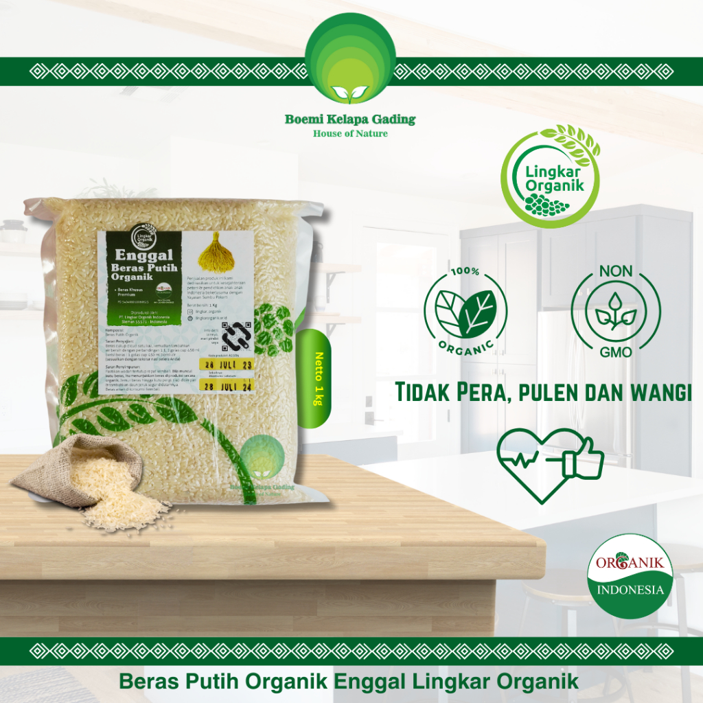 

Beras Putih Organik Premium Enggal Organic White Rice 1kg Lingkar Organik