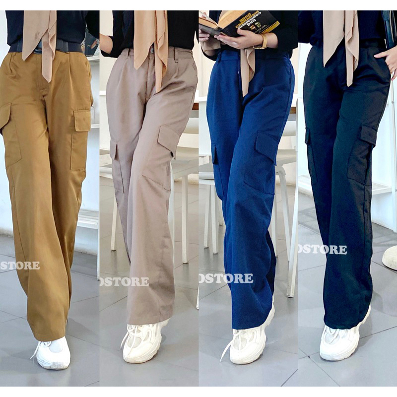 Celana Cargo Wanita Highwaist Kulot Pants Bahan Katun Drill