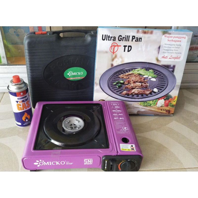 Paket Barbeque Kompor Portable Gas Kaleng Grill Pan dan Panci Grill
