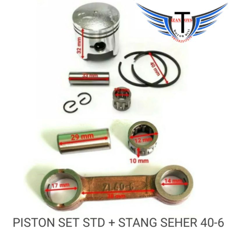 paket stang seher dan piston ukuran 40mm/motor mini trail/mini gp 50cc