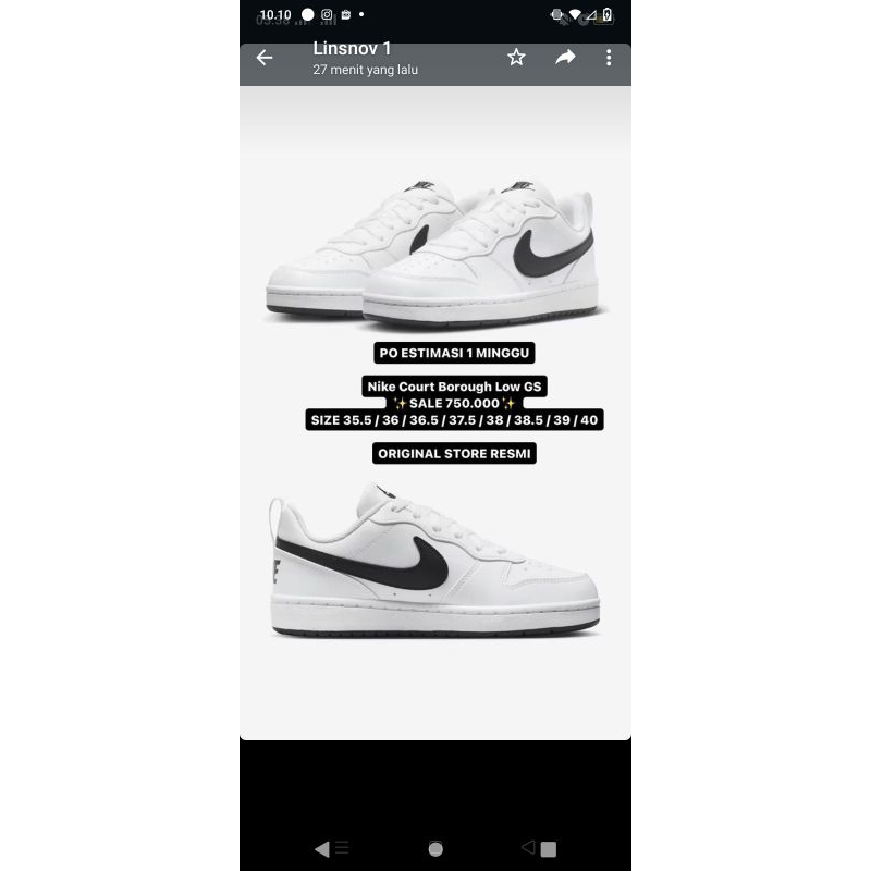 nike court borough low GS putih list hitam 38,5