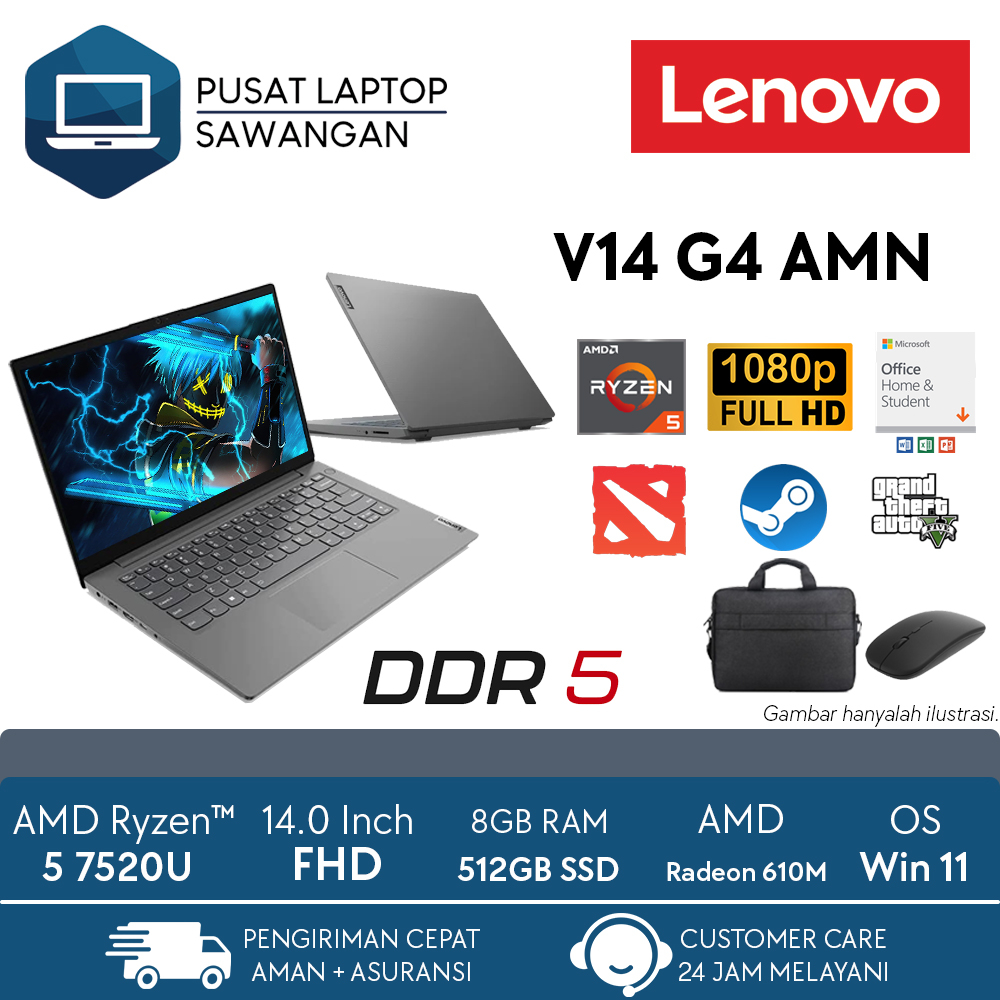 Laptop Lenovo v14 g4 amd ryzen 5 7520u 8gb 512gb ssd FHD win 11 Termurah