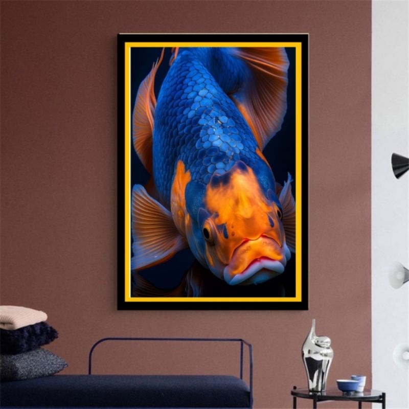 hiasan dinding lukisan cetak ikan koi plus bingkai ukuran 53x35