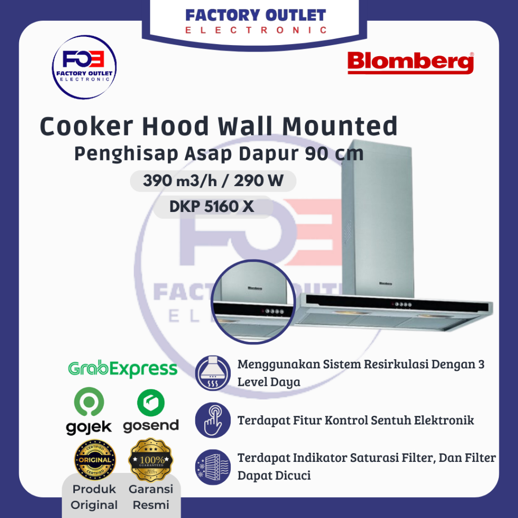 BEKO Blomberg DKP 5160 X Cooker Hood Penghisap Asap Kompor Dapur 90 cm Wall Mounted