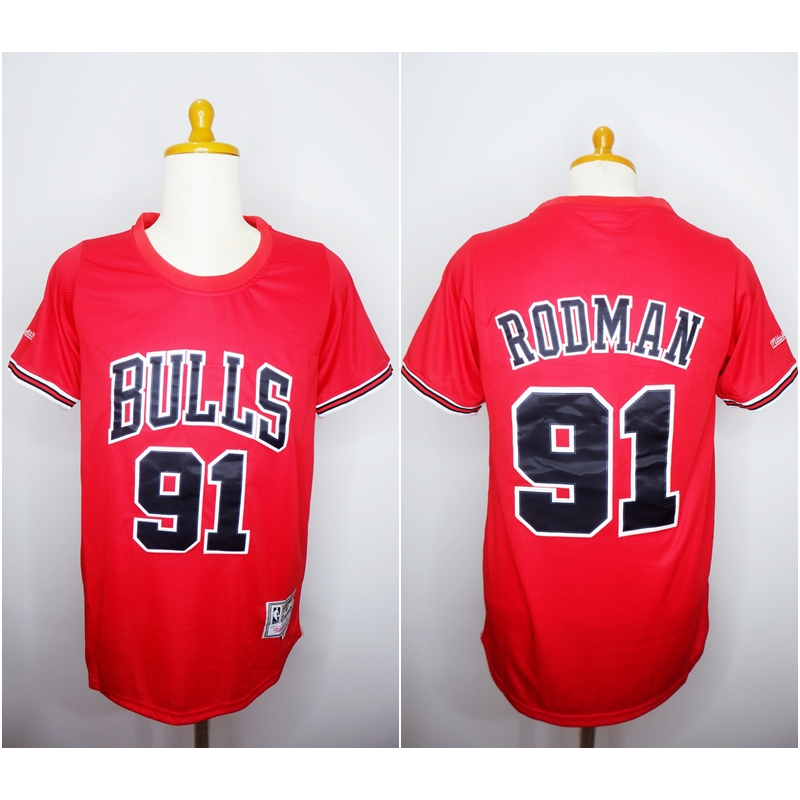 JERSEY BASKET BERLENGAN SLEEVE BULLS #91 DENNIS RODMAN MERAH MITCHELL&NESS