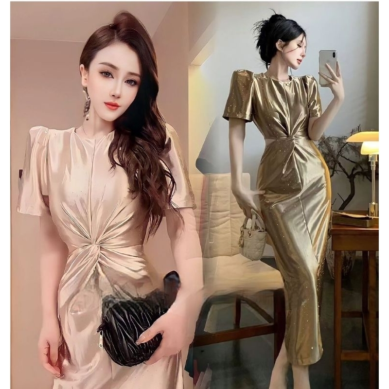 dress gold sprinkle sparkling glitter emas gaun pesta midi acara pesta event sleeve gown simple basi