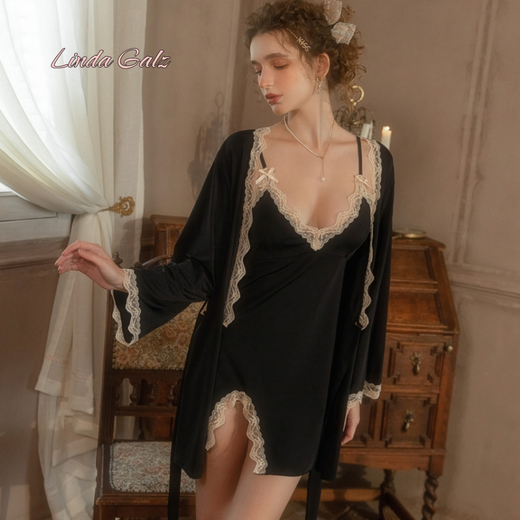 LindaGalz - Pakaian Tidur Wanita Dewasa Baju Tidur Sexy Kimono Lingerie Big Size Jumbo D142 Sexy Lin