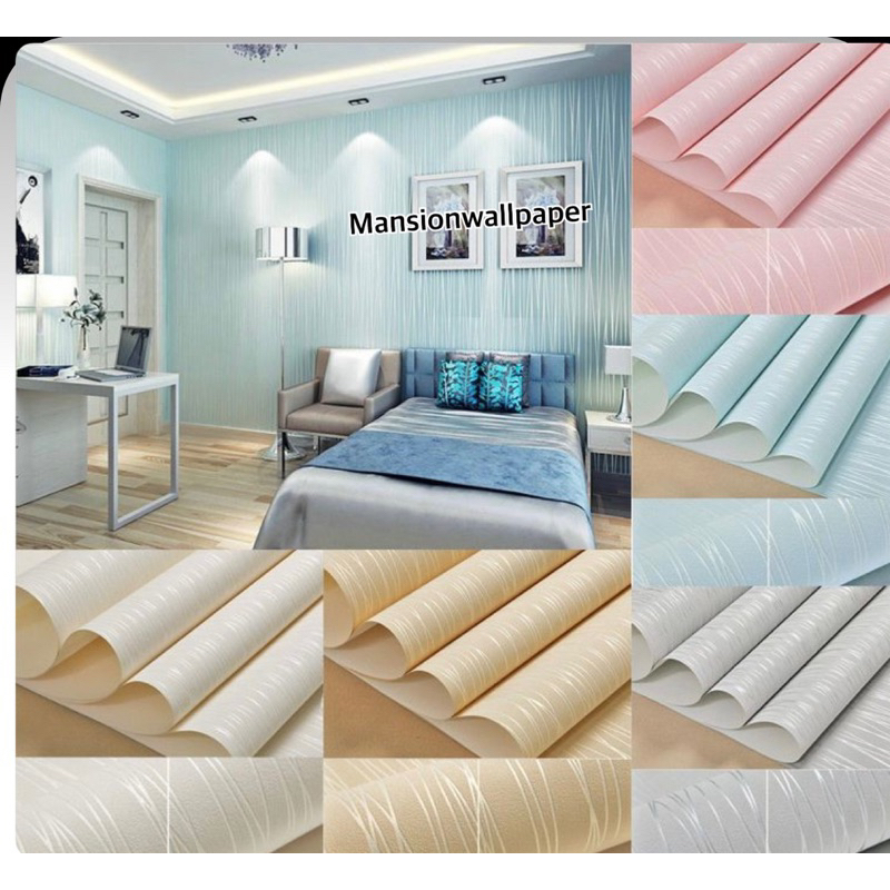 Wallpaper Sticker wallsticker Polos Tesktur Ulir Garis Cream Biru Pink Abu Silver