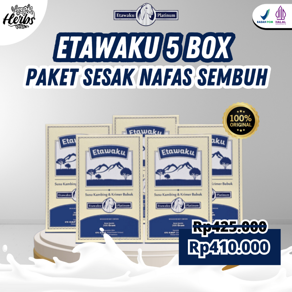 

Paket Bebas Sesak Nafas - 5 Box ETAWAKU PLATINUM - Susu Kambing Etawa Murni Original Melancarkan Pernafasan Atasi Nyeri Tulang Sendi Sesak Nafas Pegel-pegel
