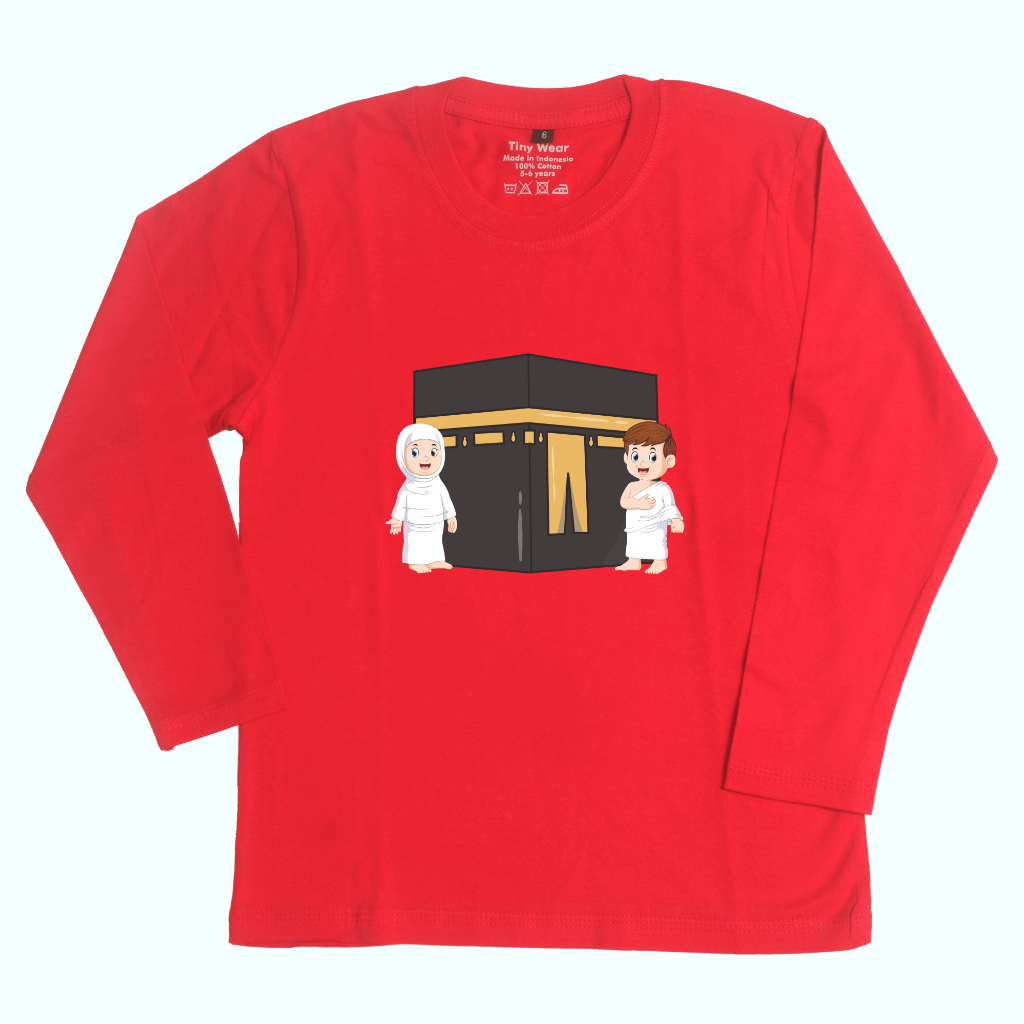 Baju Kaos Sablon Lengan Panjang Anak Cotton Combed 30s Adem Menyerap Keringat Gambar Ka'bah Kakbah