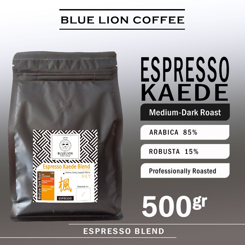 

Espresso Kaede Blend 500 gram Medium Dark Roast Biji Kopi Bubuk 15 Robusta 85 Arabica Blue Lion Coffee