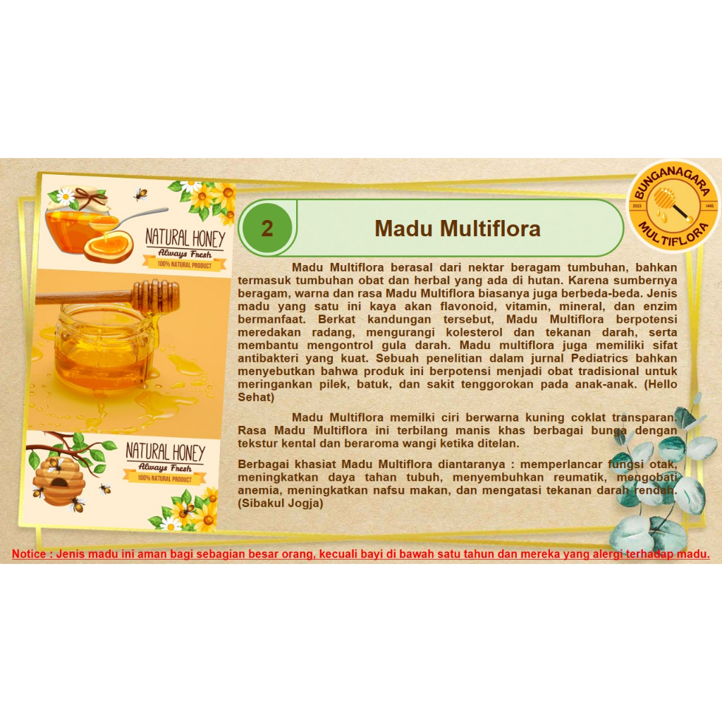 

MADU MULTIFLORA ASLI HUTAN ALAM INDONESIA 300 ML BUNGANAGARA PURE HONEY