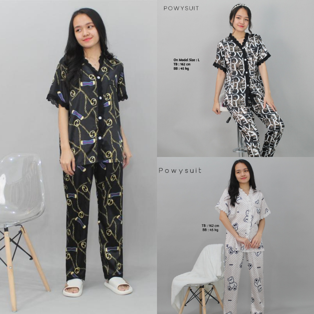 ST Piyama SATIN Lembut Powysuit Baju Tidur Bahan Satin Lengan Pendek Celana Panjang Baju Tidur Wanit