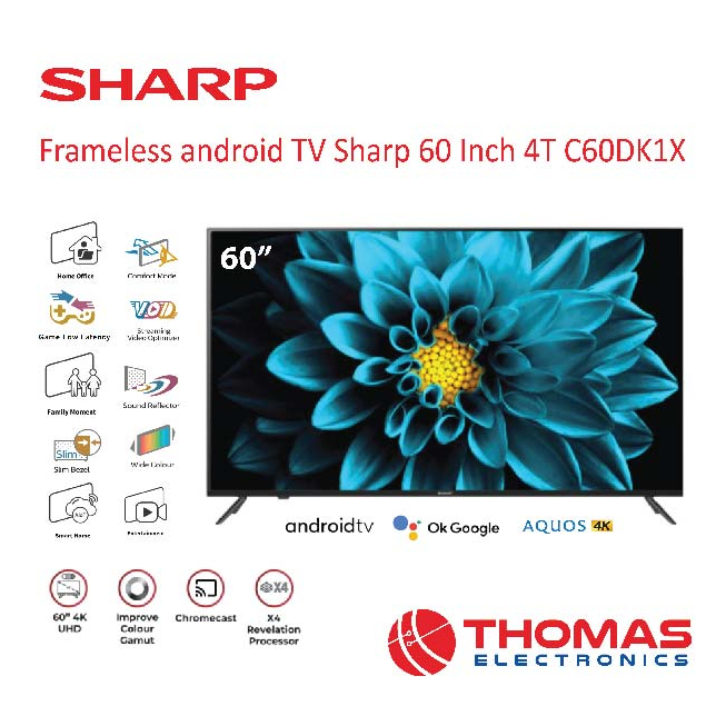 Android Led TV Sharp 60 Inch 4TC60DK1X 4T C60DK1X 4K UHD Frameless Garansi Resmi