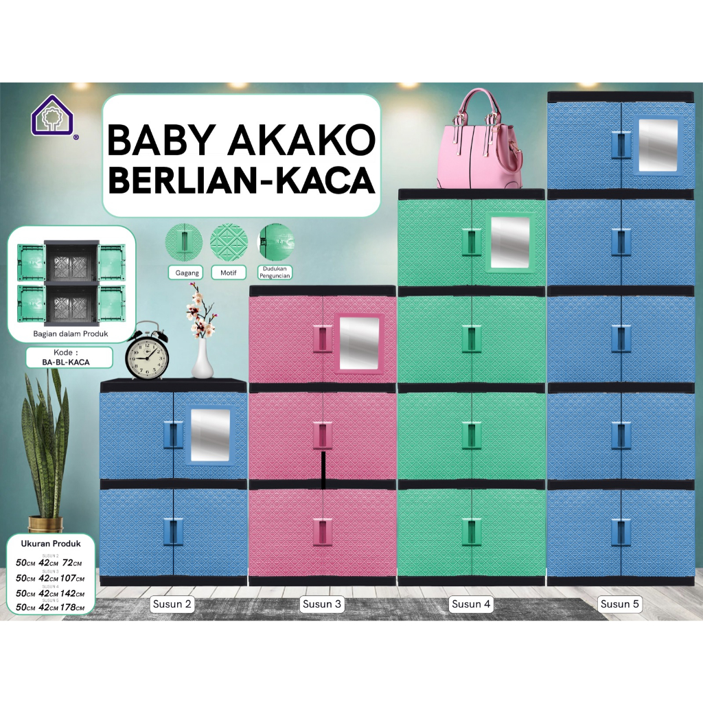 LEMARI PLASTIK BAJU/LEMARI PAKAIAN RAK SERBAGUNA Baby AKAKO BERLIAN KACA