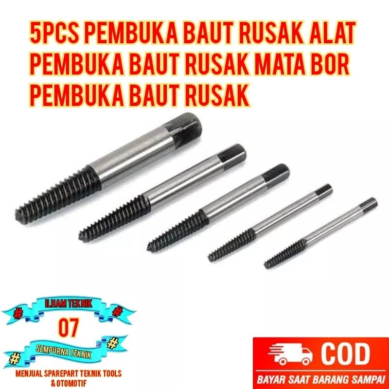 5pcs Pembuka Baut Rusak alat pembuka baut rusak mata bor pembuka baut