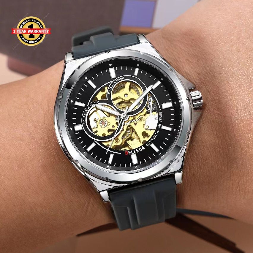 Jam Tangan Pria Original Belleda Automatic Skeleton Strap Rubber Fullset
