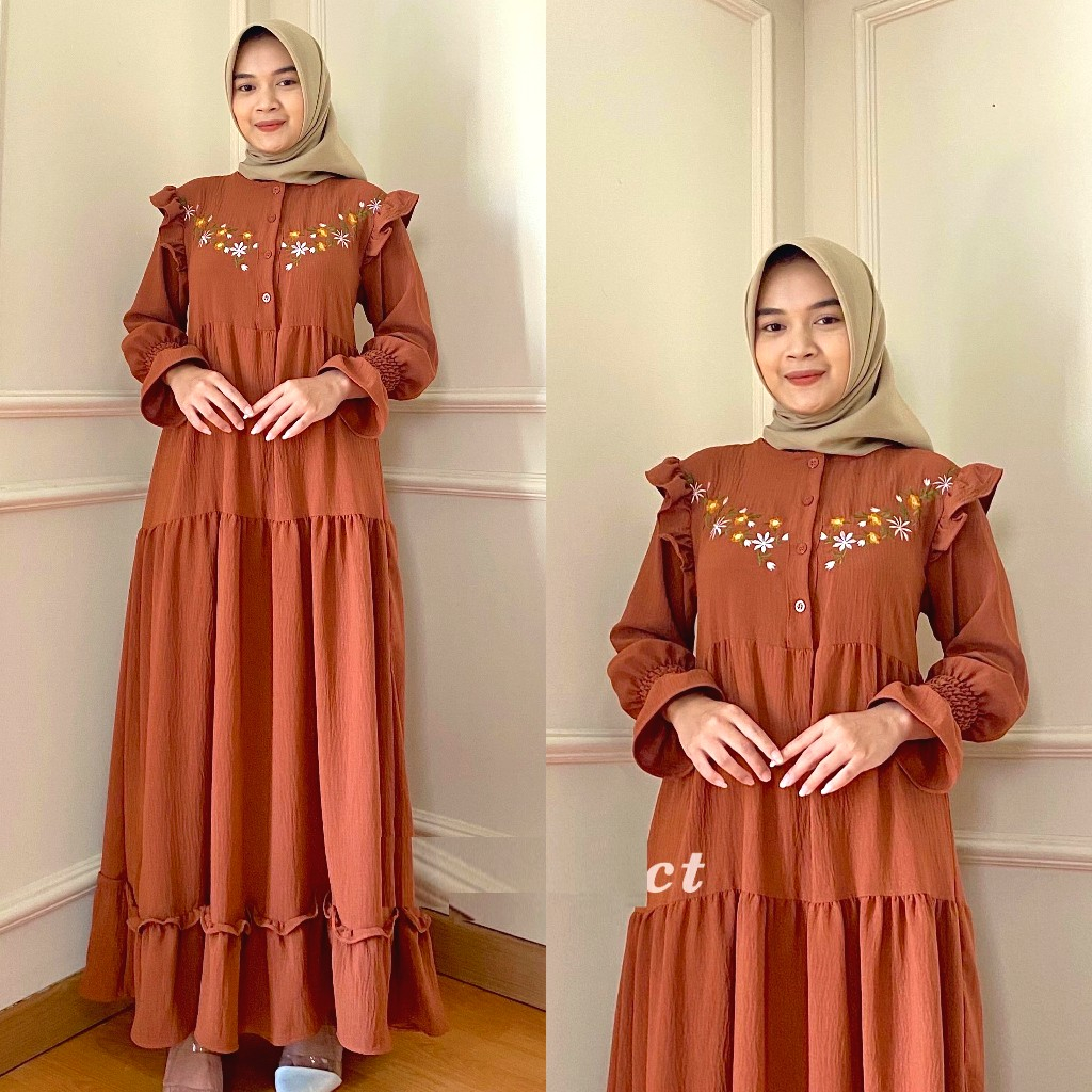 Gamis Bordir Warna Merah Bata Cantik Adem Jumbo XXL XXXL 4XL 5L Model Terbaru 2023