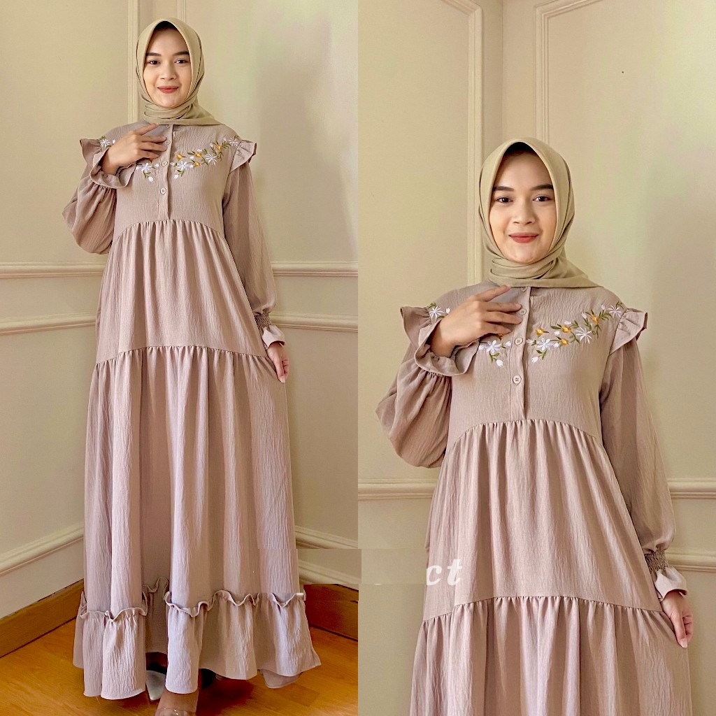Gamis Formal / Kondangan Bordir Warna Krem Cream Cantik Adem Jumbo XXL XXXL 4XL 5L Model Terbaru 202