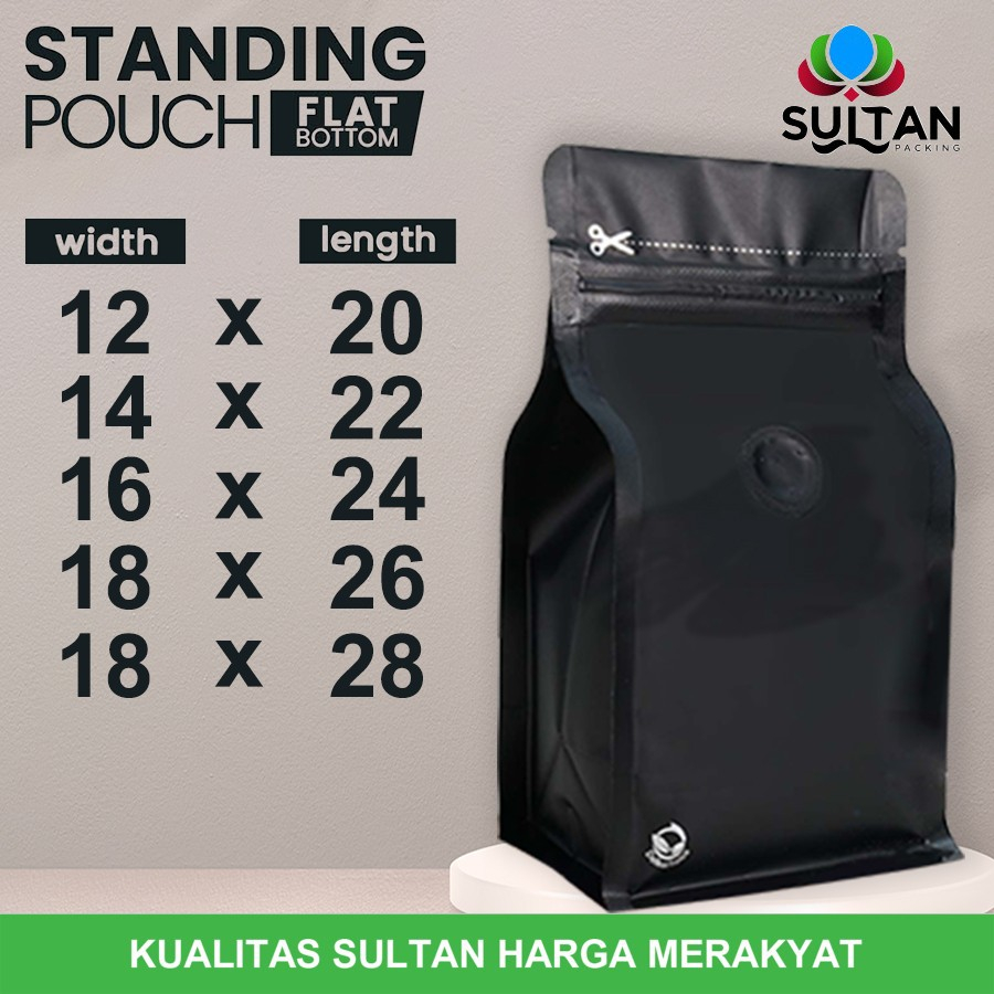 STANDING POUCH FLAT BOTTOM HITAM + VALVE | BUNGKUS KOPI - KEMASAN KOPI