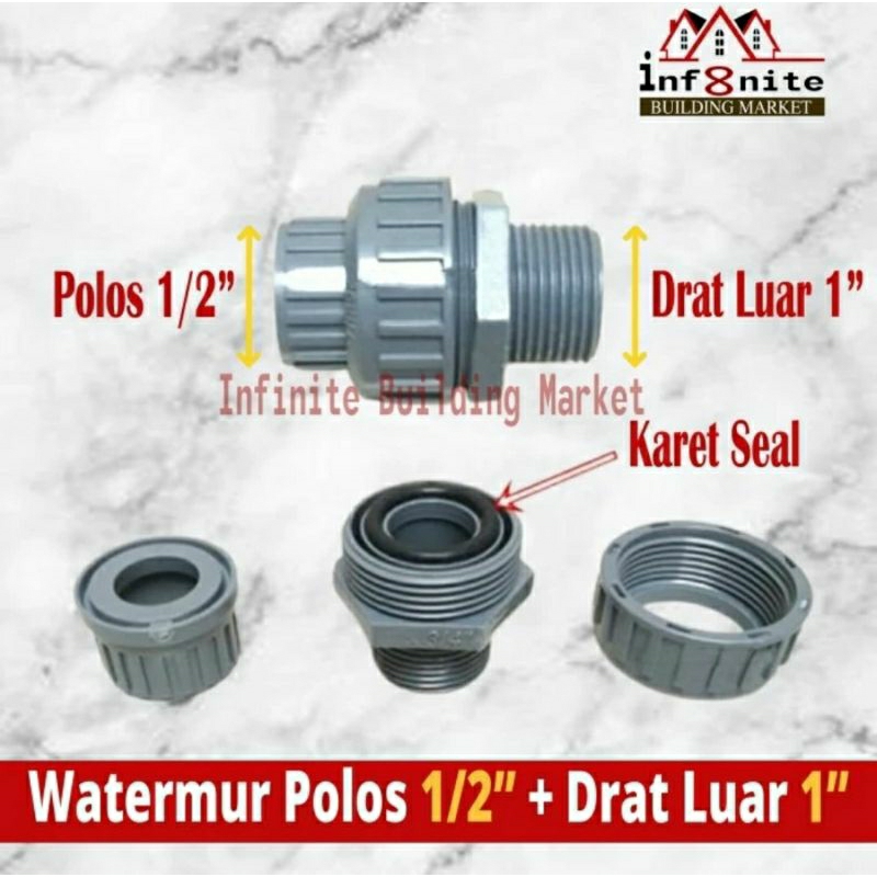 Watermoor Watermur Pompa Union Water Mur Polos 1/2" x Drat Luar 1"