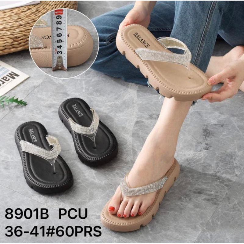 C # Sandal Wanita 8901 Jepit Glitter Tali Bening Kekinian Import Premium
