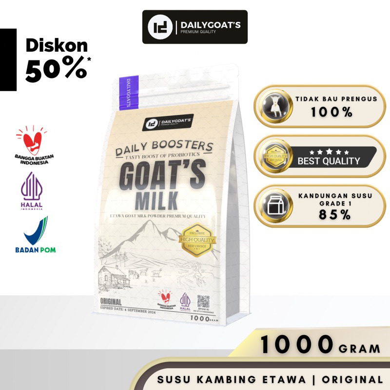 

DAILYGOATS Susu Kambing Etawa Bubuk GRADE 1 1000 gram 1 Kg Rasa Original Platinum Goat Milk Powder Drink Pasteurisasi Cair Natural Sehat Asli Terjamin