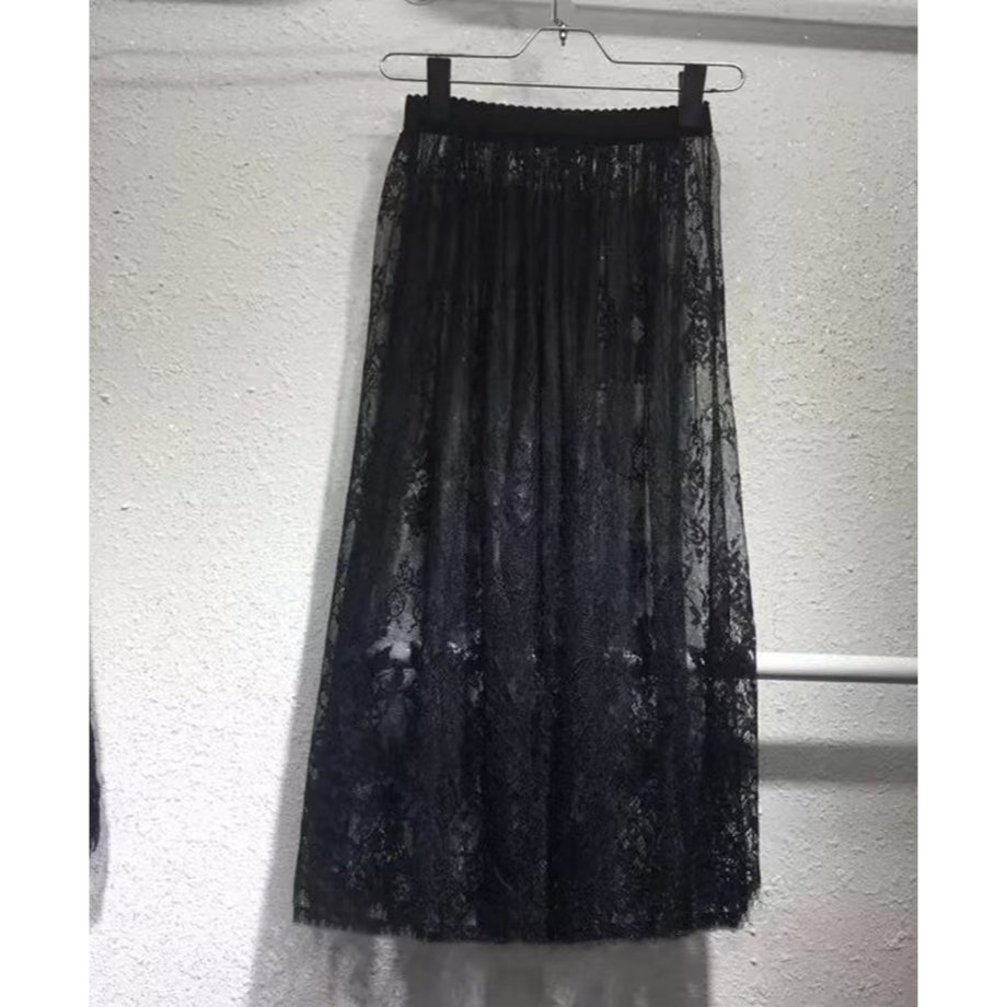 Rok Midi Hitam Tulle Nerawang/Rok Tutu Renda Motif Import/Rok Panjang Jala Renda Seksi Wanita