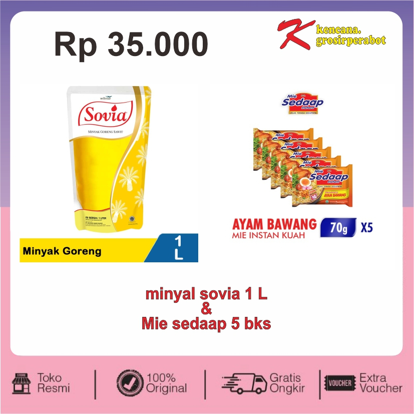 

Paket sembako minyak sovia 1 liter & mie sedaap 5 bks