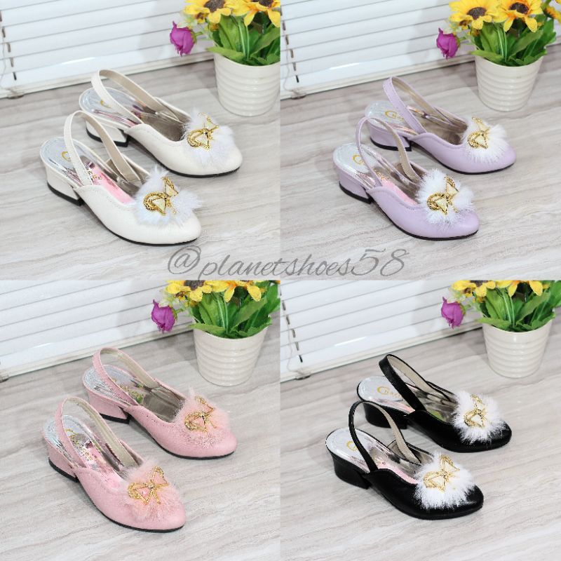 PLANET - AB09 [TERBARU] SANDAL SELOP PESTA ANAK PEREMPUAN HAK 3 CM VARIASI PITA BULU