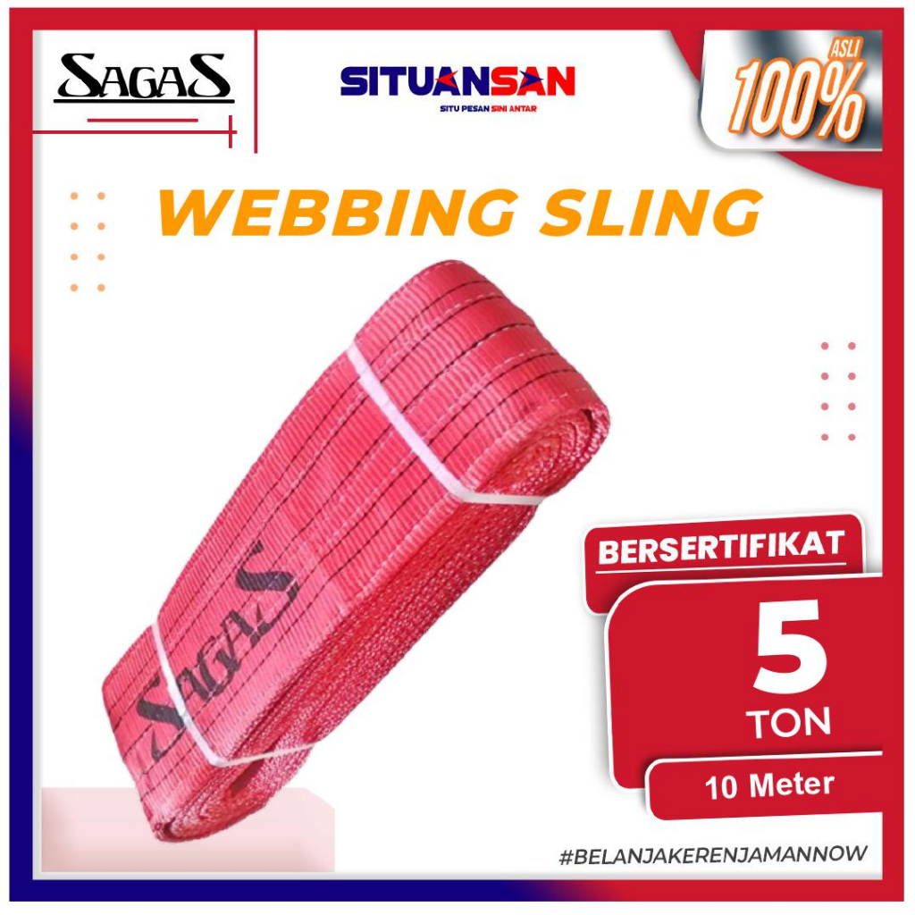 Webbing Sling Belt 5 Ton x 10 Meter SF 7:1 Tali Angkat Double Ply 2eye SAGAS
