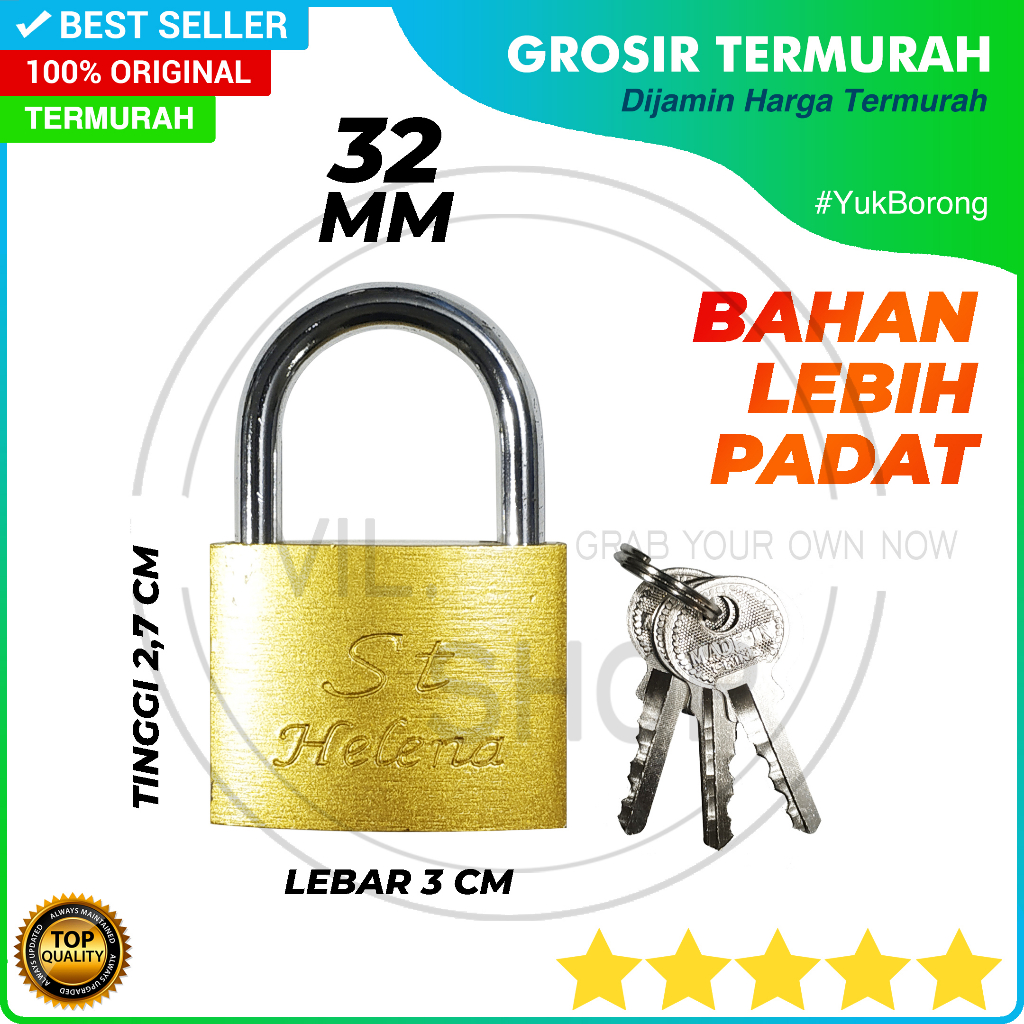 GEMBOK ST HELENA 32 MM BAHAN PADAT / KUNCI GEMBOK KUNING PER PADLOCK 32MM 30 MM GEMBOK PINTU PAGAR L