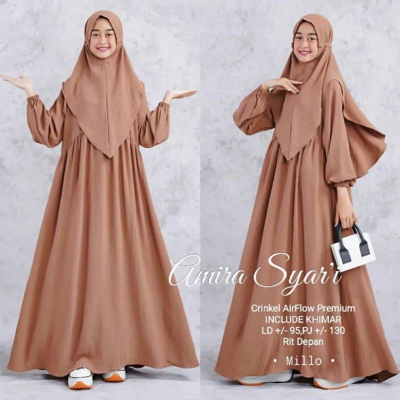 Amira syar'i kids/gamis syar'i anak set hijab/crinkel/9/12thn 2024 terbaru
