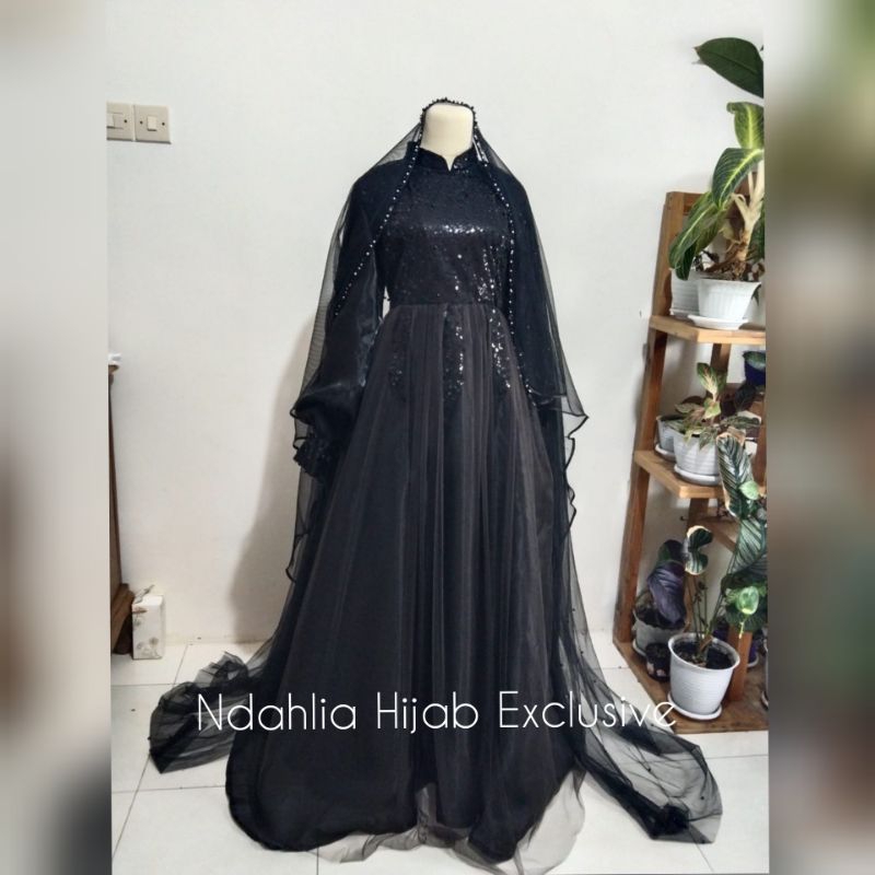 GAUN PENGANTIN SYARI HITAM FULL SET GAUN,VEIL,JILBAB,CADAR