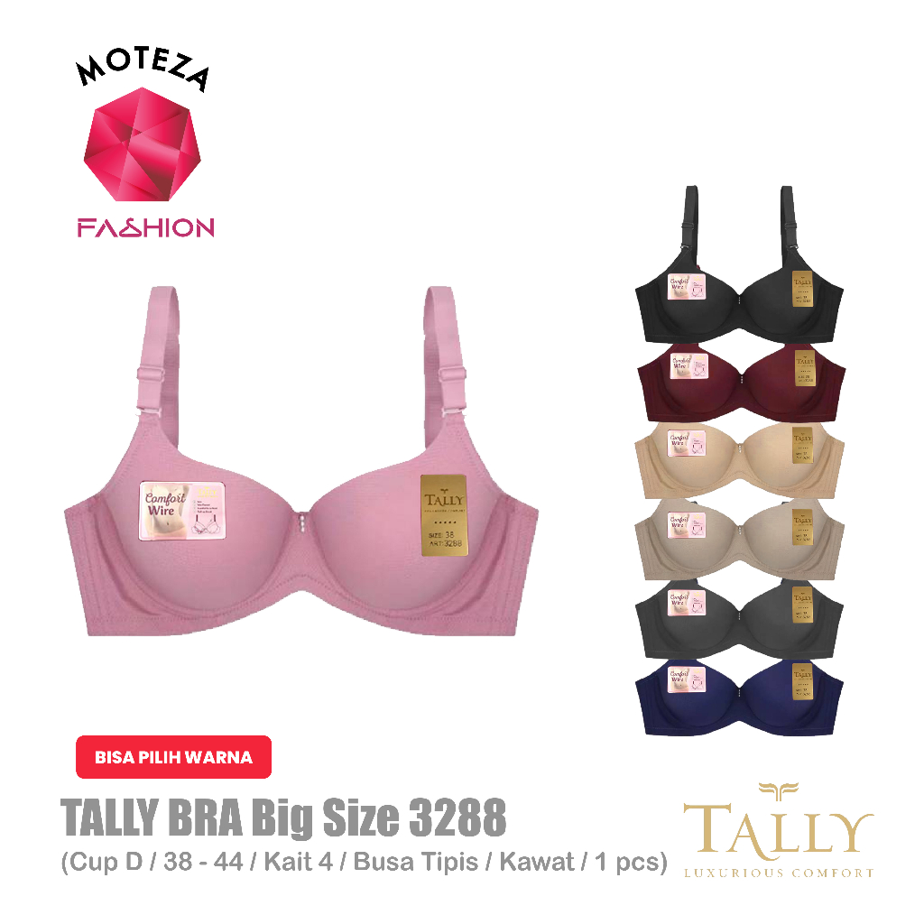 Tally 3288 Bra BH Wanita Big Size Jumbo | Busa Tipis | 3/4 Cup D - E | Kawat | Kait 4 | Size 38 - 44