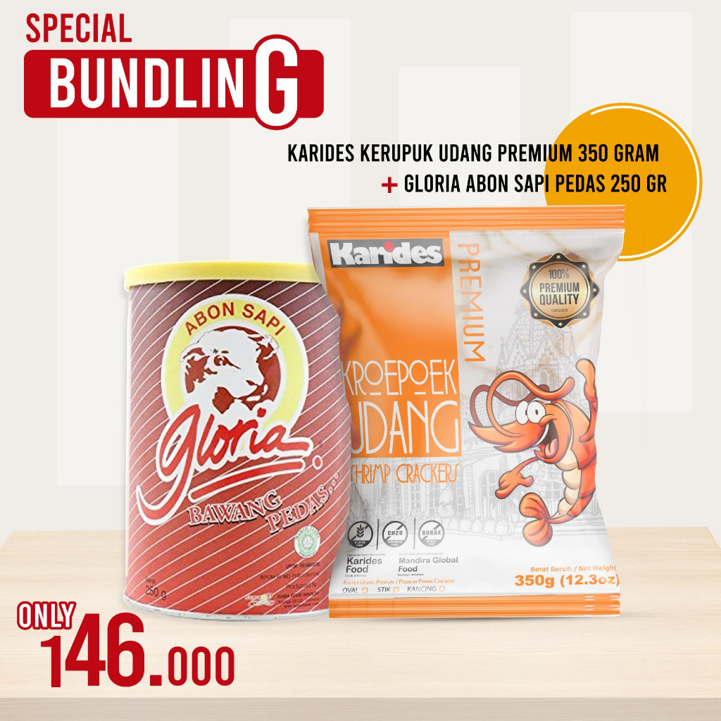 

BUNDLING - KARIDES KERUPUK UDANG PREMIUM 350G + GLORIA ABON SAPI PEDAS 250G