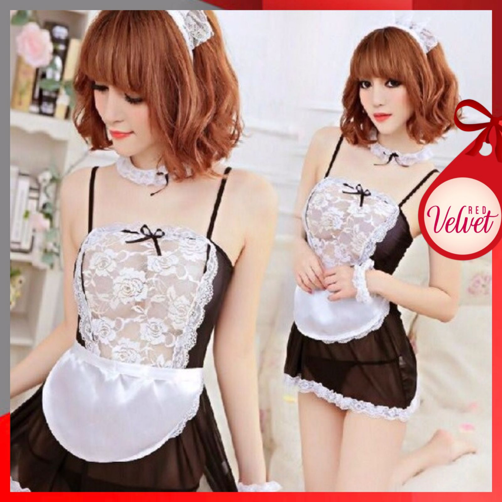 RV® Lingerie Set Seksi Cosplay Pelayan Renda Transparan (TANPA STOKING) 1193