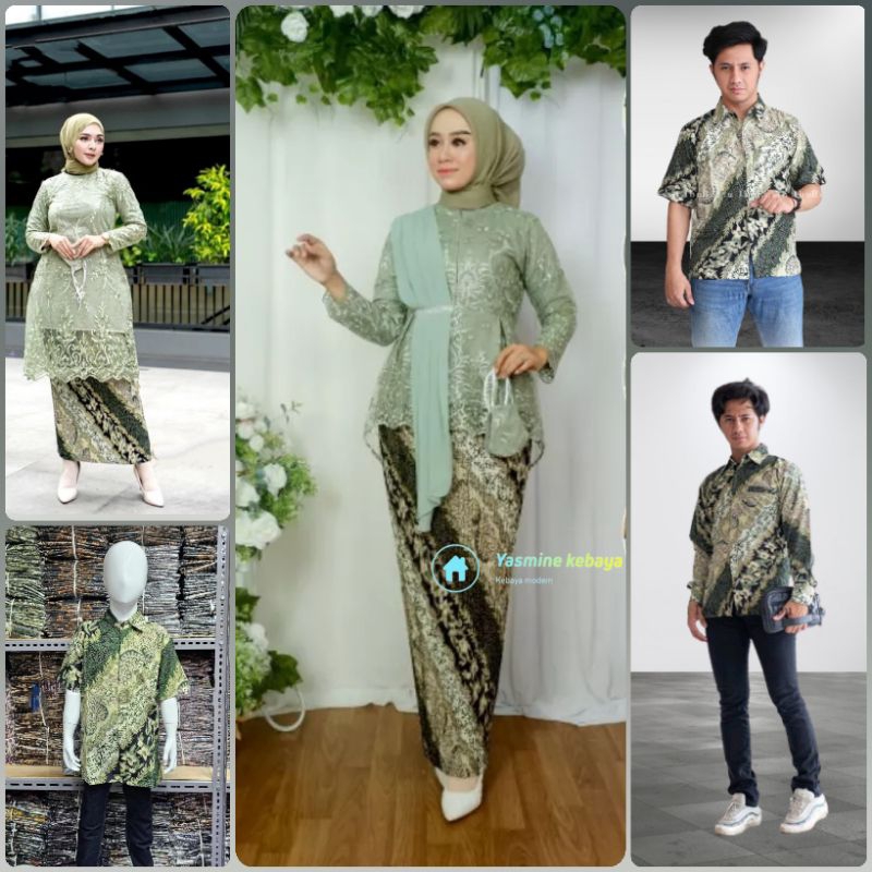 Baju Couple Kebaya Sarimbit Blouse Aurora Selendang Sage Green Set Kemeja Batik Pria Modern Motif CM