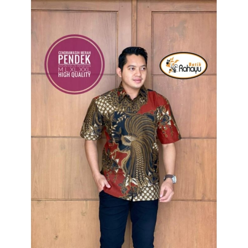 Kemeja Batik CENDRAWASIH MERAH Pria Lengan PENDDEK Premium Lapis Furing Baju Batik Laki2 Mewah Origi
