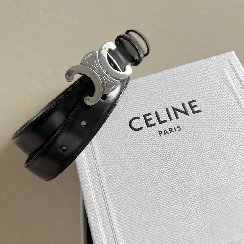 Celine triomphe belt in black shw taurillion leather