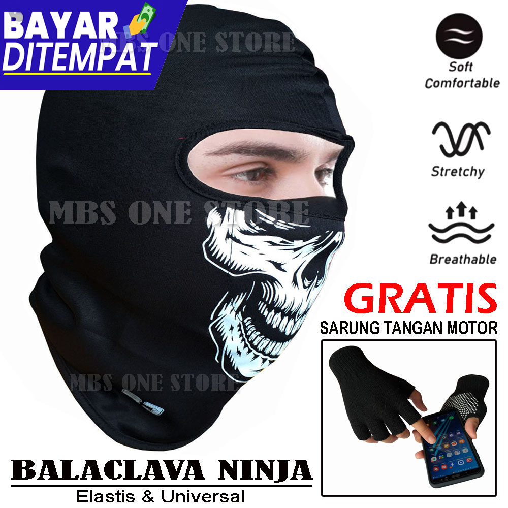 Masker Ninja Cowok Tebal Motif Tengkorak Full Face MBS220-2 Hitam Masker Topeng Pria Keren Elastis G